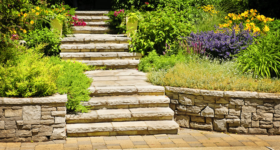 a stone work retaining stair and wall